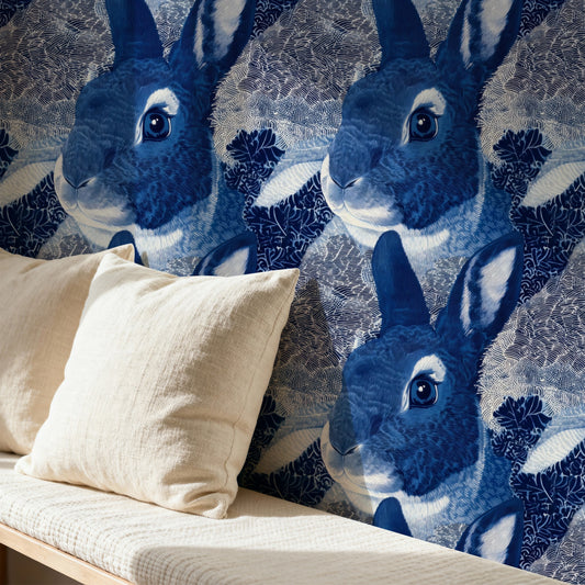 Blue Rabbit large scale wallpaper in a styled room