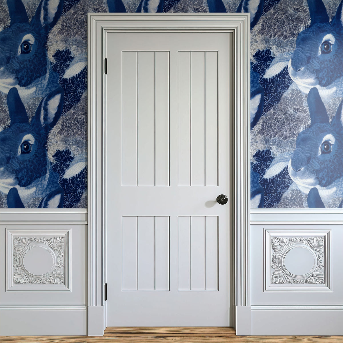 Blue Rabbit large scale wallpaper in a styled room