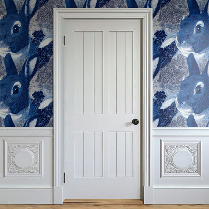 Blue Rabbit large scale wallpaper in a styled room