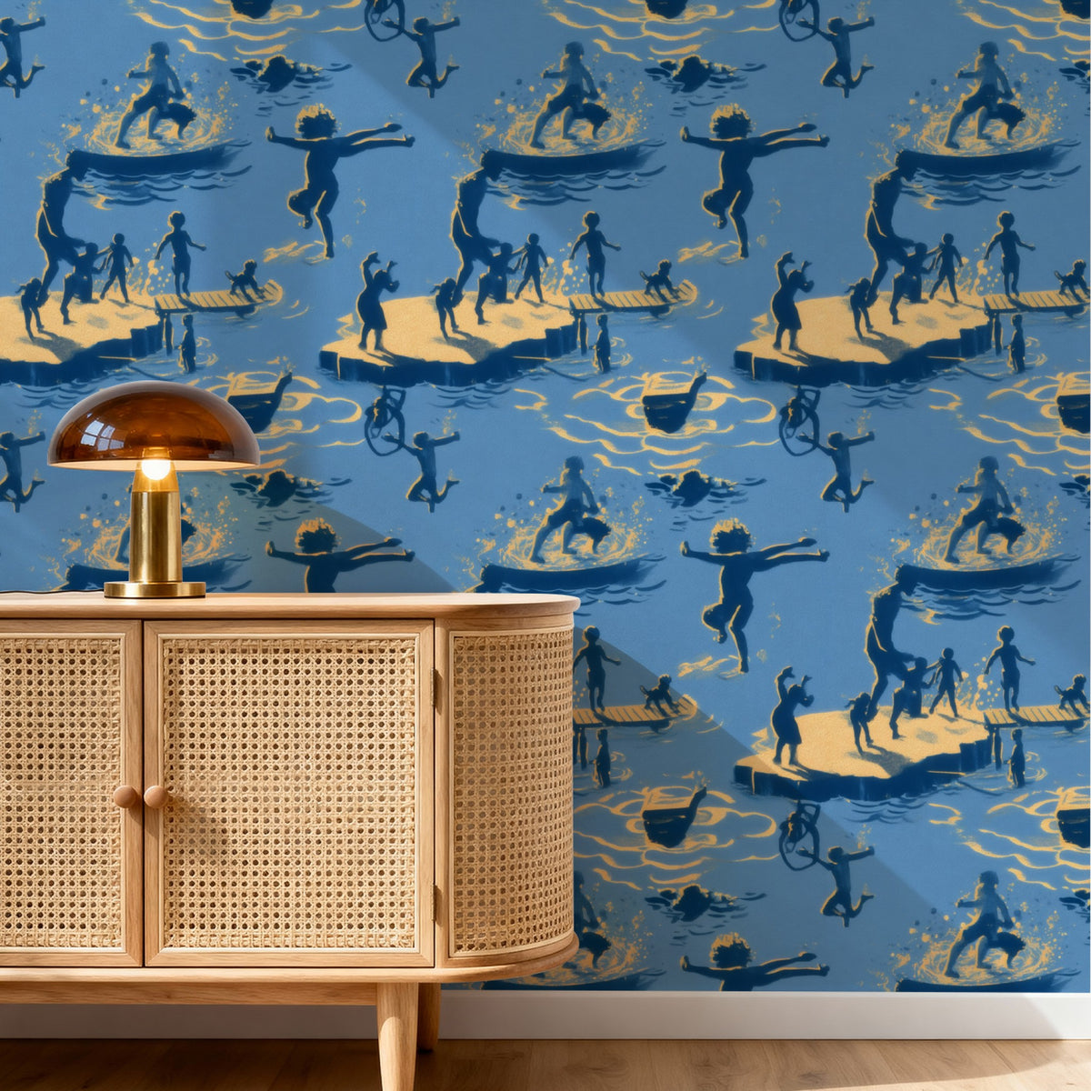 Blue Swimmers large scale wallpaper in a styled room
