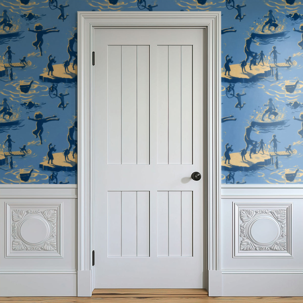 Blue Swimmers large scale wallpaper in a styled room