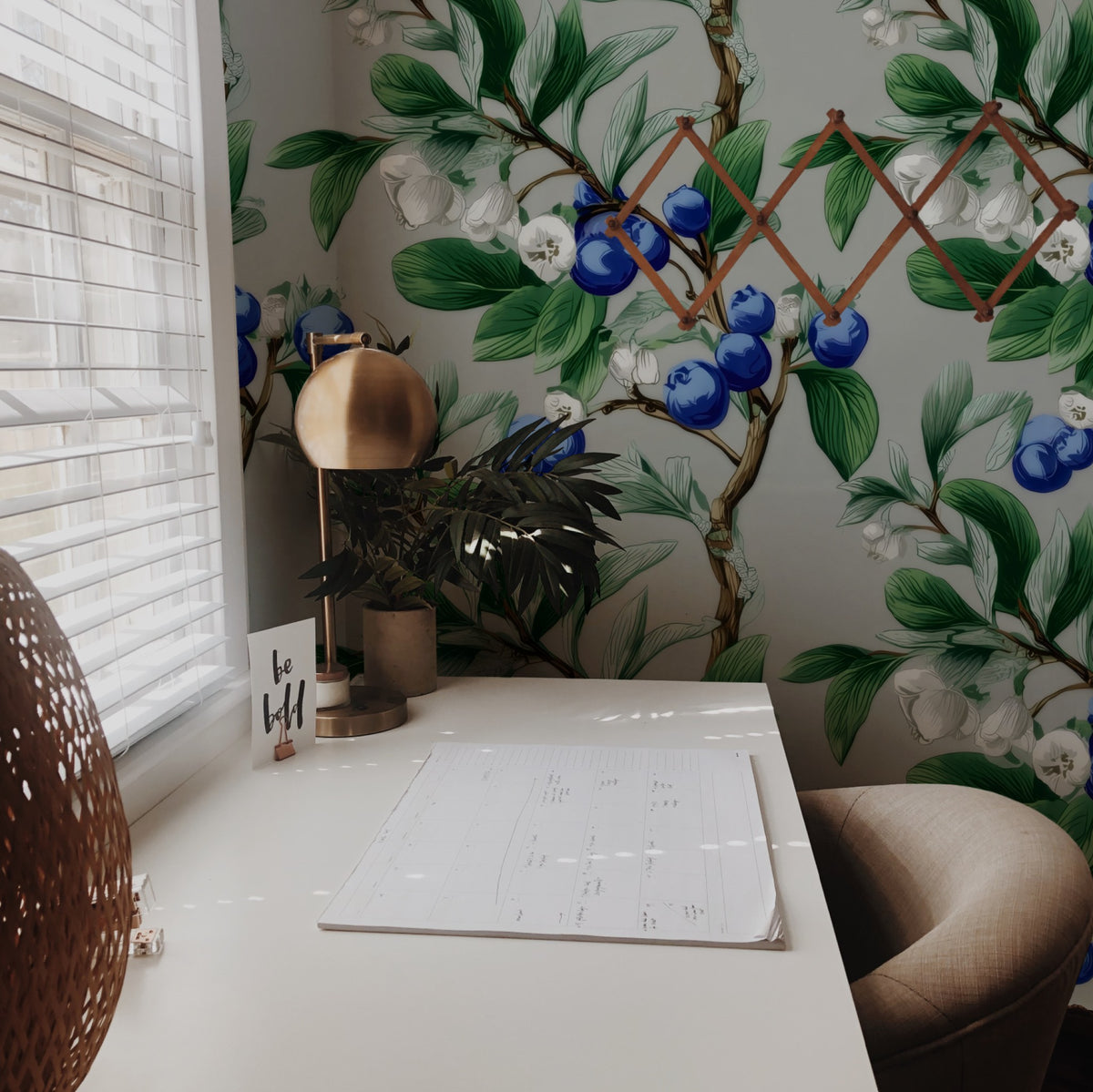 Blueberry Branch large scale wallpaper in a home office with a desk and window