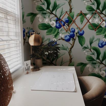 Blueberry Branch large scale wallpaper in a home office with a desk and window