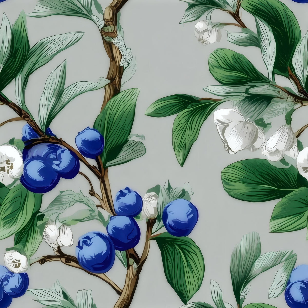 Blueberry Branch large scale pattern: cobalt blueberries, white blossom and green leaves on grey
