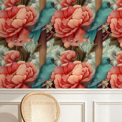 Bluebird Fence large scale wallpaper in a styled room