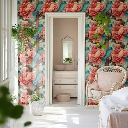 Bluebird Fence large scale wallpaper in a styled room