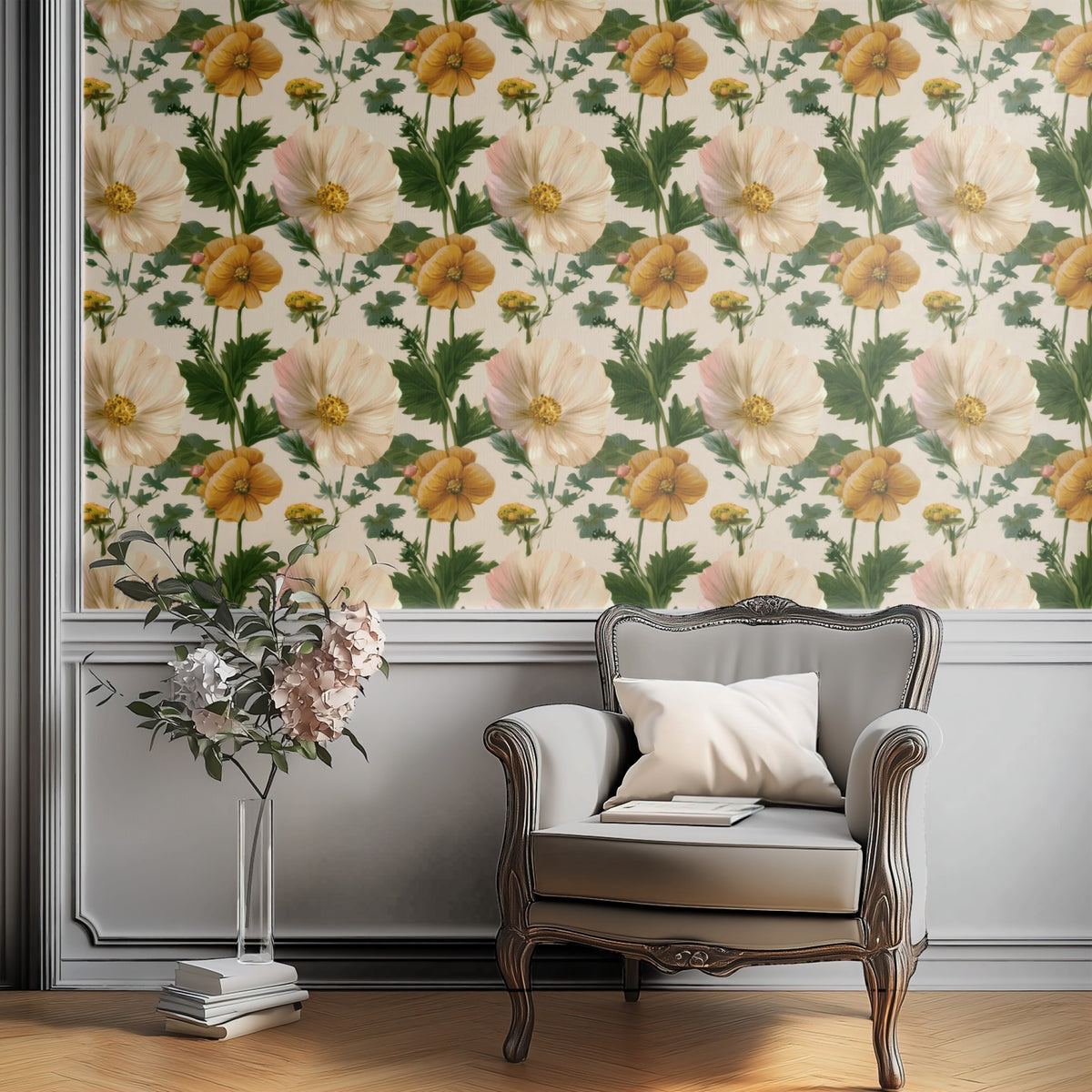 Blush Cosmos large scale wallpaper in a styled room