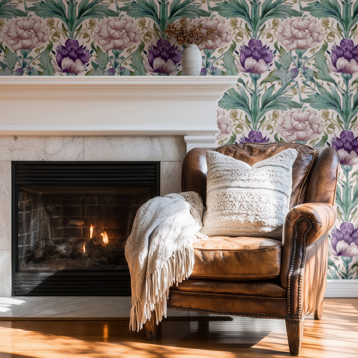 Blush Damask large scale wallpaper in a styled room