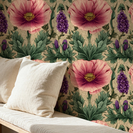 Blush Poppy large scale wallpaper in a styled room