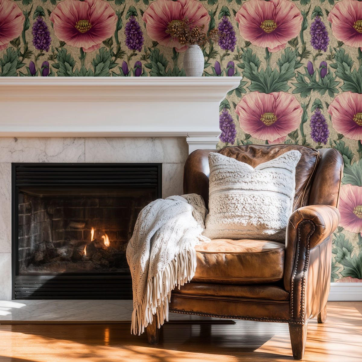 Blush Poppy large scale wallpaper in a styled room