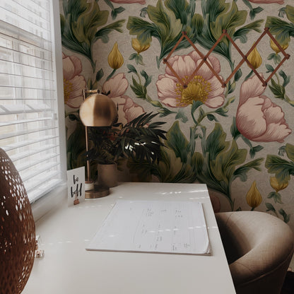 Blush Tulip large scale wallpaper in a styled room