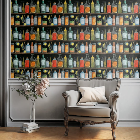 Bottle Shelf large scale wallpaper in a styled room