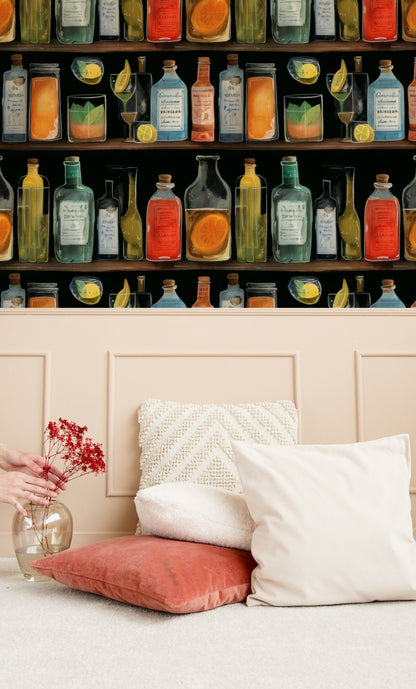 Bottle Shelf large scale wallpaper in a styled room
