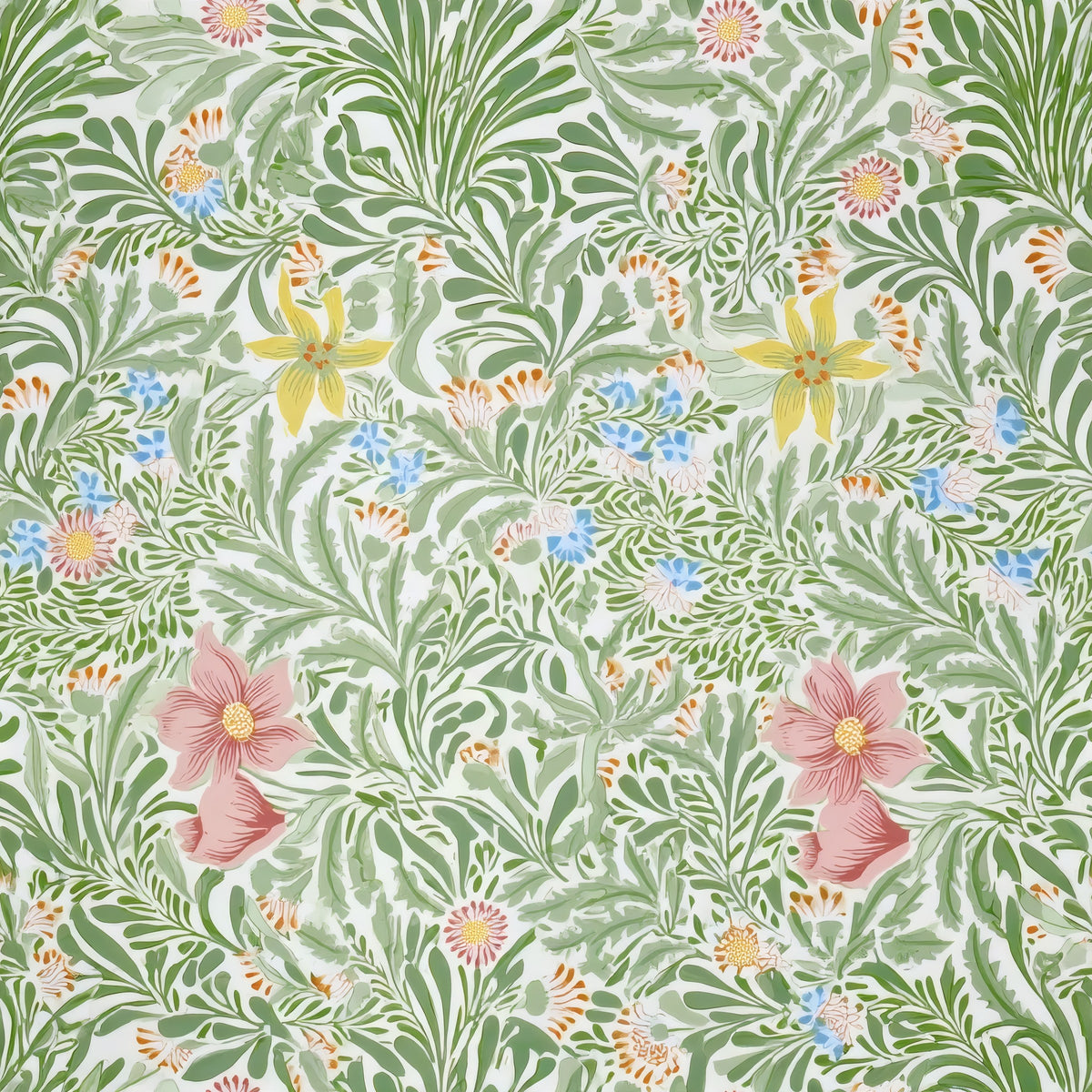 Pink roses and yellow lilies among fresh green fronds on a pale ground, a William Morris design.