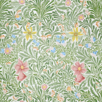 Pink roses and yellow lilies among fresh green fronds on a pale ground, a William Morris design.