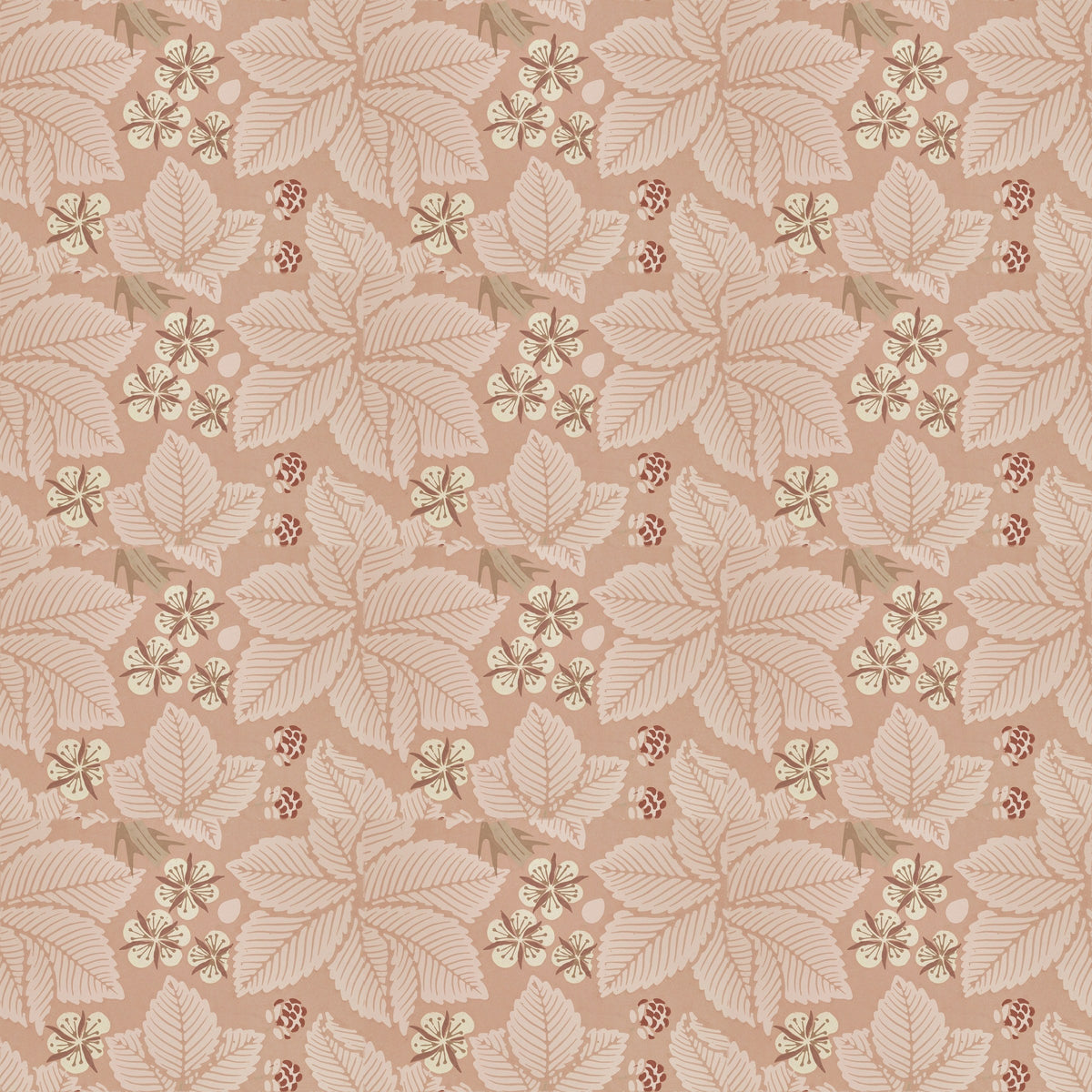Overlapping dusty-pink bramble leaves and small flower sprays in rose and blush tones, a William Morris design.