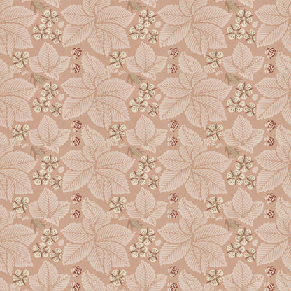 Overlapping dusty-pink bramble leaves and small flower sprays in rose and blush tones, a William Morris design.