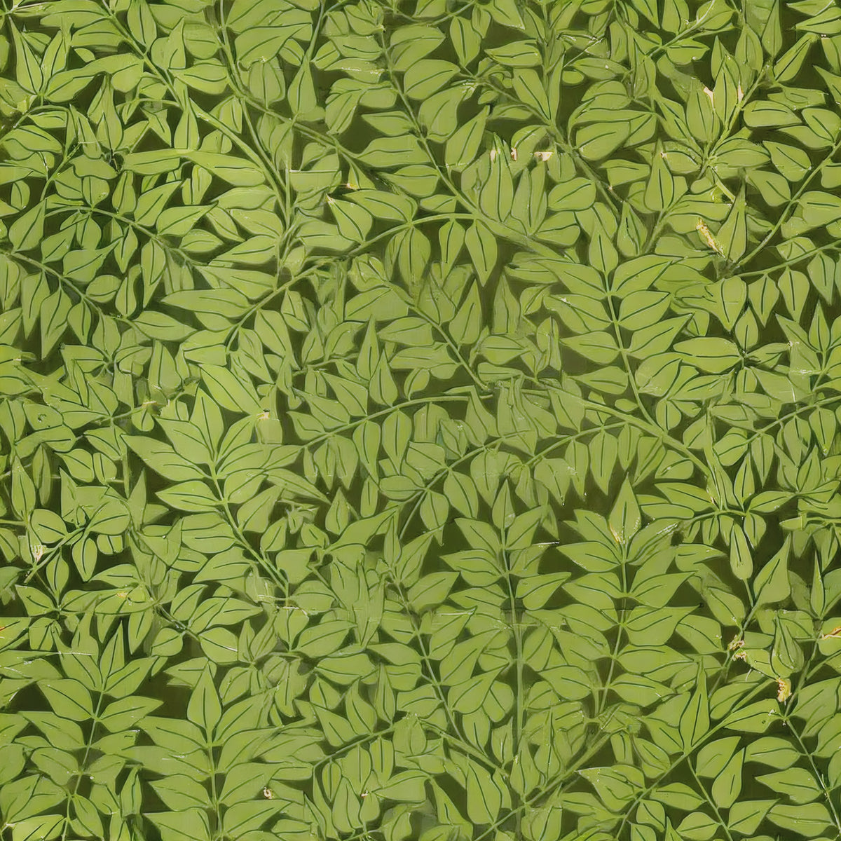 A dense canopy of fresh green leaves on fine branches, in layered light and dark greens, a William Morris design.