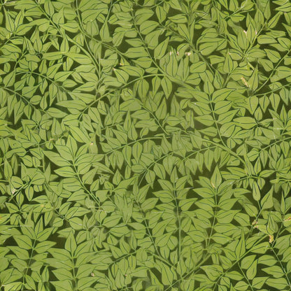 A dense canopy of fresh green leaves on fine branches, in layered light and dark greens, a William Morris design.