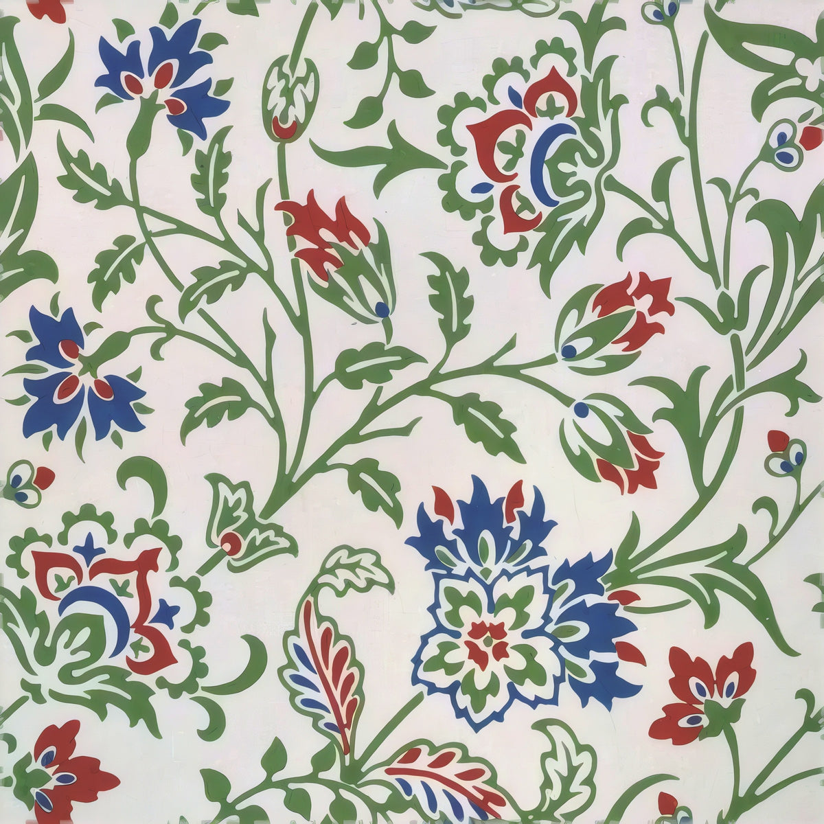 Green stems with red and blue flowers and buds on a white ground, a William Morris design.