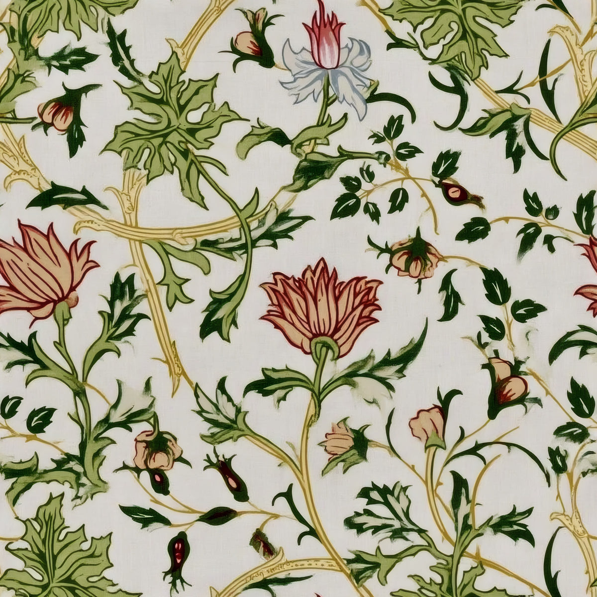Thorny briar stems carry pink and cream flowers and green leaves across a soft dove-grey ground, a William Morris design.