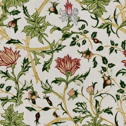 Thorny briar stems carry pink and cream flowers and green leaves across a soft dove-grey ground, a William Morris design.