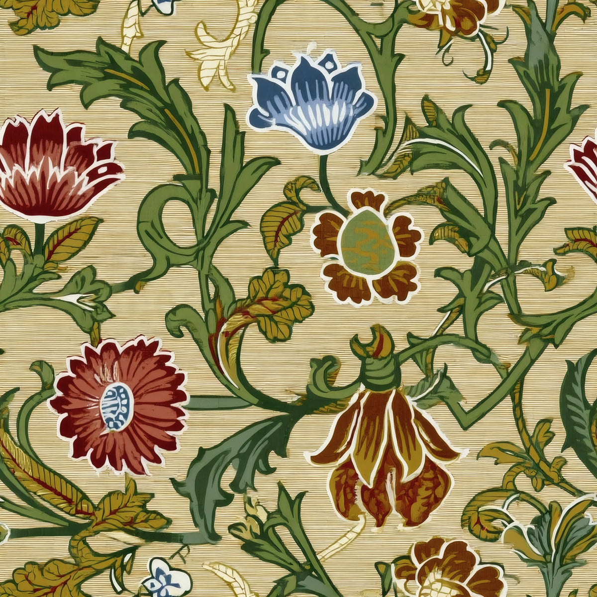 Scrolling green stems carry red, blue and gold flowers across a woven linen ground, a William Morris design.