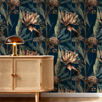 Bronze Botanical large scale wallpaper in a styled room