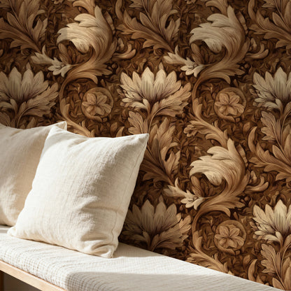 Bronze Leaves large scale wallpaper in a styled room