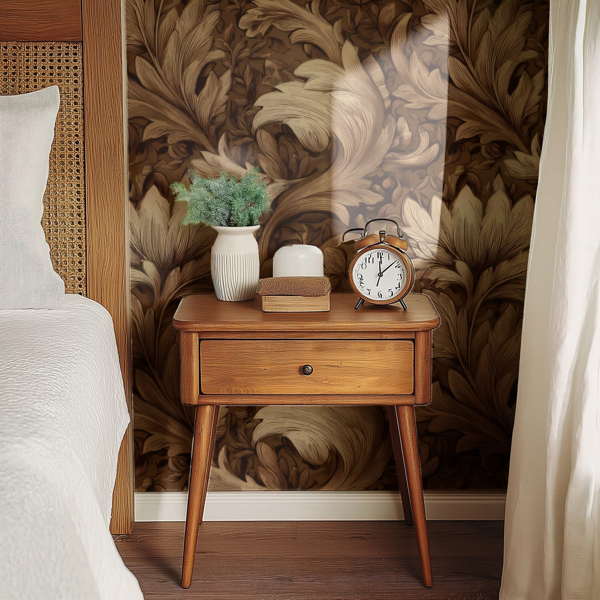 Bronze Leaves large scale wallpaper in a styled room