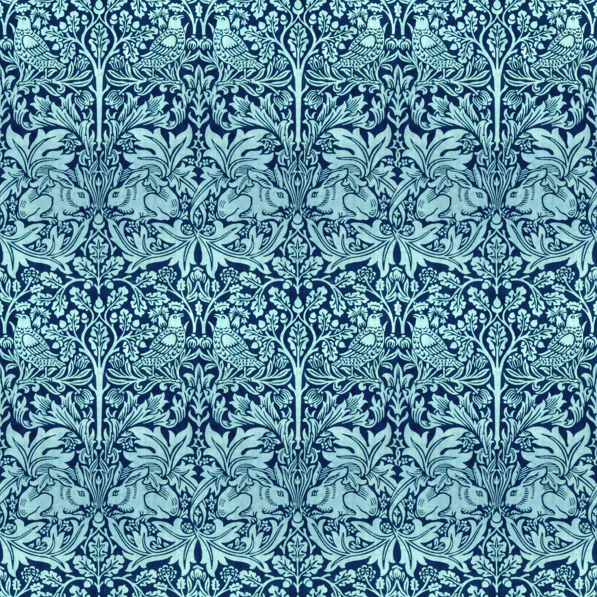 Pale rabbits and birds among mirrored trees and leafy scrolls on a soft blue ground, a William Morris design.