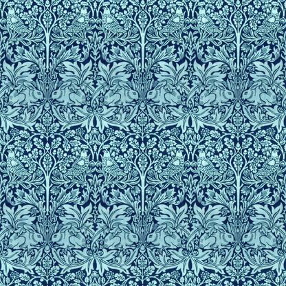Pale rabbits and birds among mirrored trees and leafy scrolls on a soft blue ground, a William Morris design.