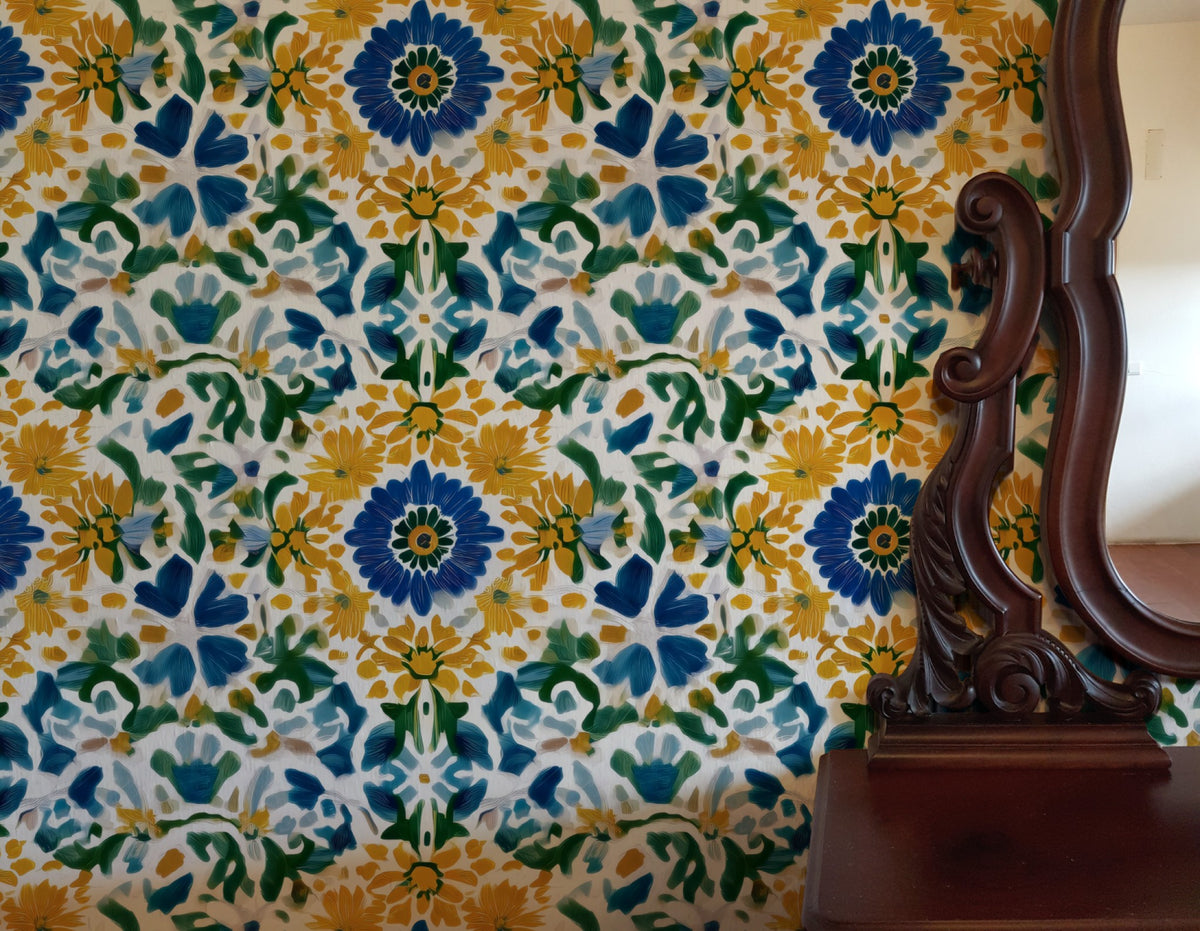 Brushstroke Daisy large scale wallpaper in a styled room