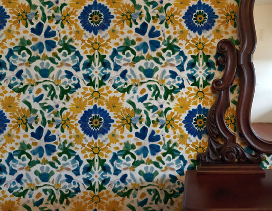Brushstroke Daisy large scale wallpaper in a styled room