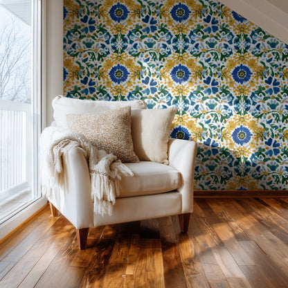 Brushstroke Daisy large scale wallpaper in a styled room