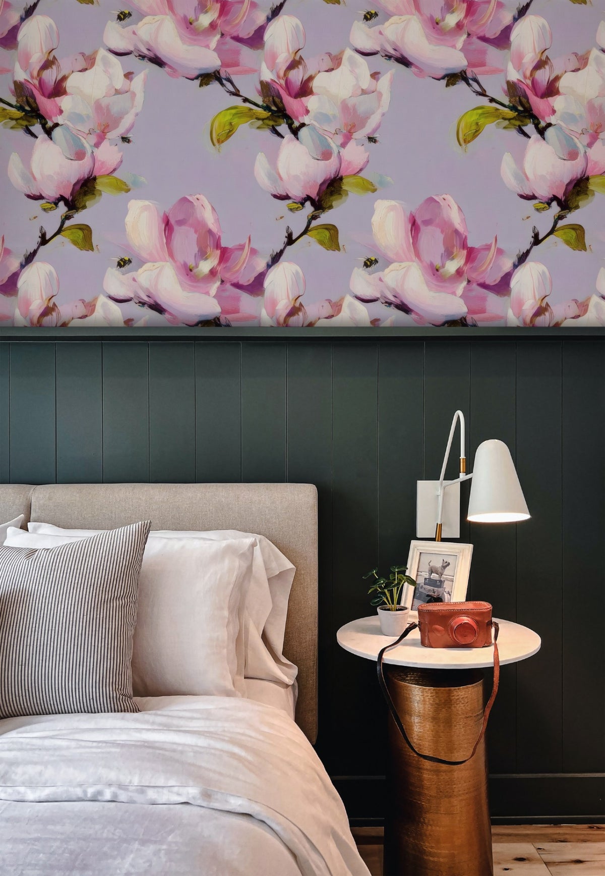 Bumble Magnolia large scale wallpaper in a styled room