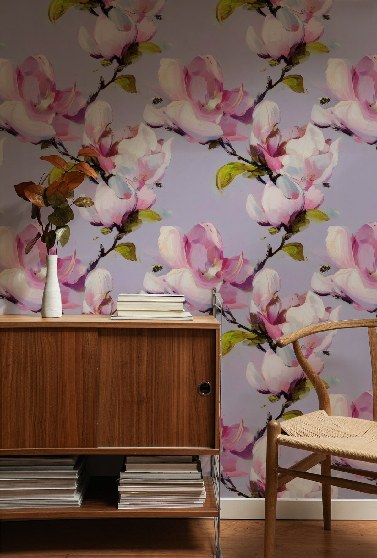 Bumble Magnolia large scale wallpaper in a styled room