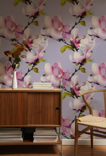 Bumble Magnolia large scale wallpaper in a styled room