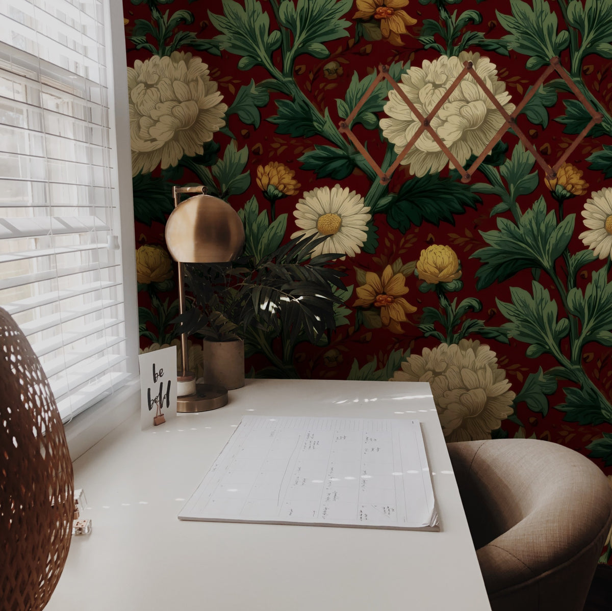 Burgundy Chrysanthemum large scale wallpaper in a styled room