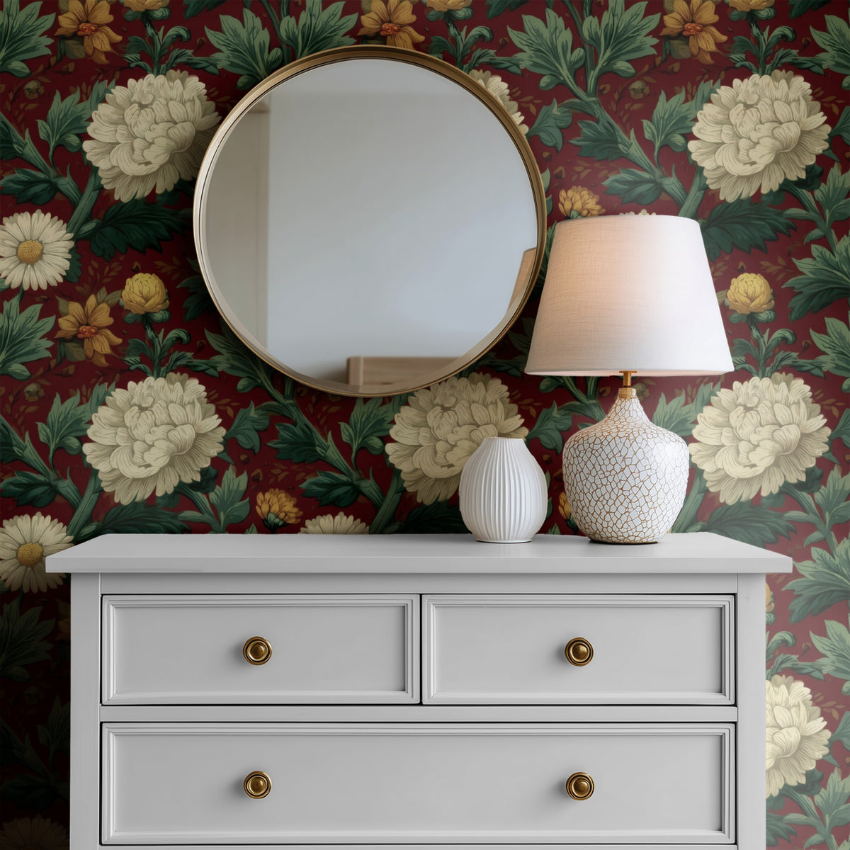Burgundy Chrysanthemum large scale wallpaper in a styled room
