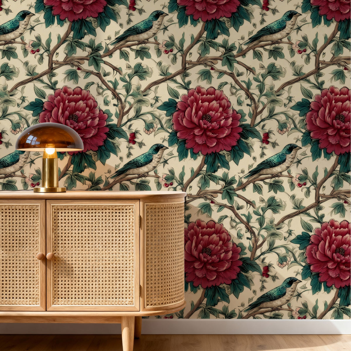 Burgundy Peony large scale wallpaper in a styled room