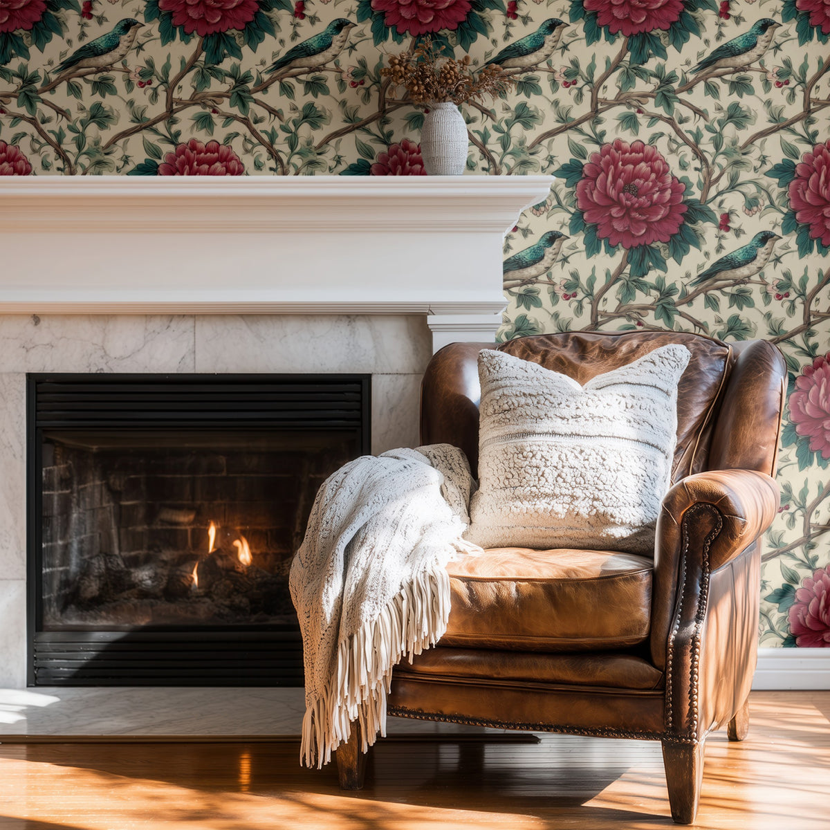 Burgundy Peony large scale wallpaper in a styled room
