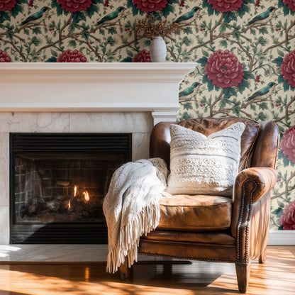 Burgundy Peony large scale wallpaper in a styled room