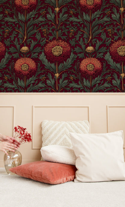Burgundy Pompom large scale wallpaper in a styled room