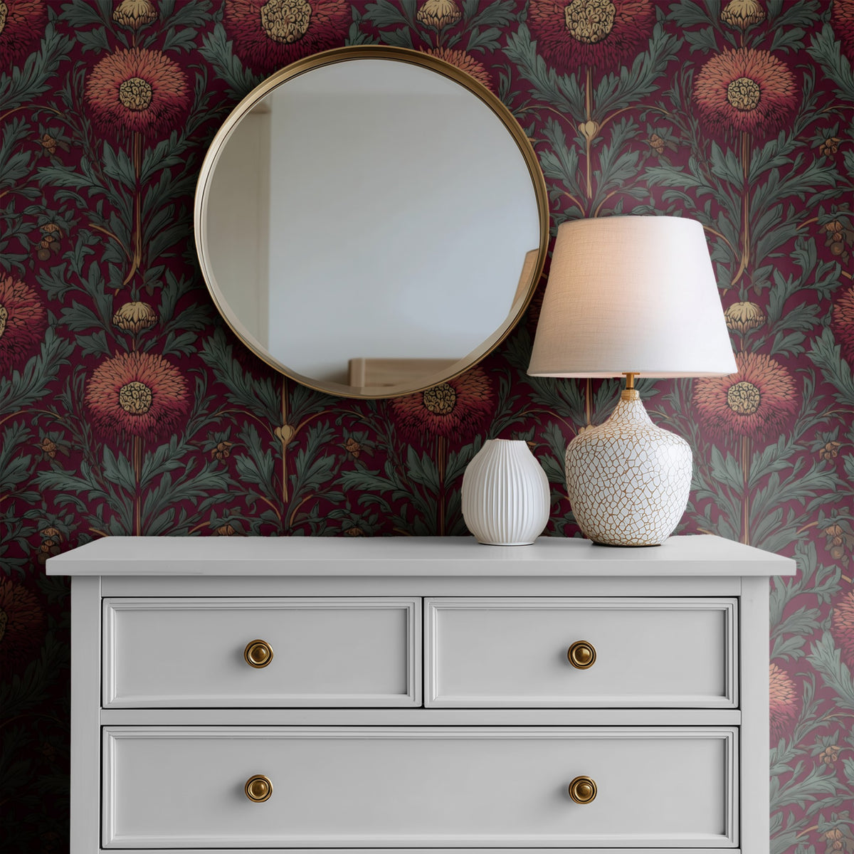 Burgundy Pompom large scale wallpaper in a styled room