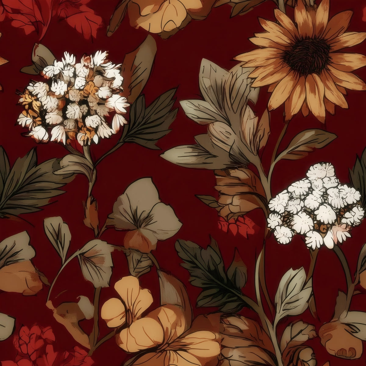 Burgundy Sunflower large scale wallpaper pattern repeat