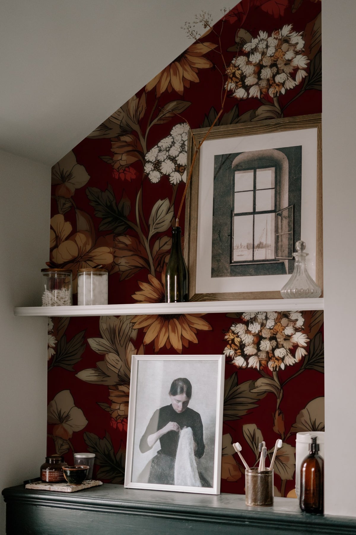 Burgundy Sunflower large scale wallpaper in a styled room
