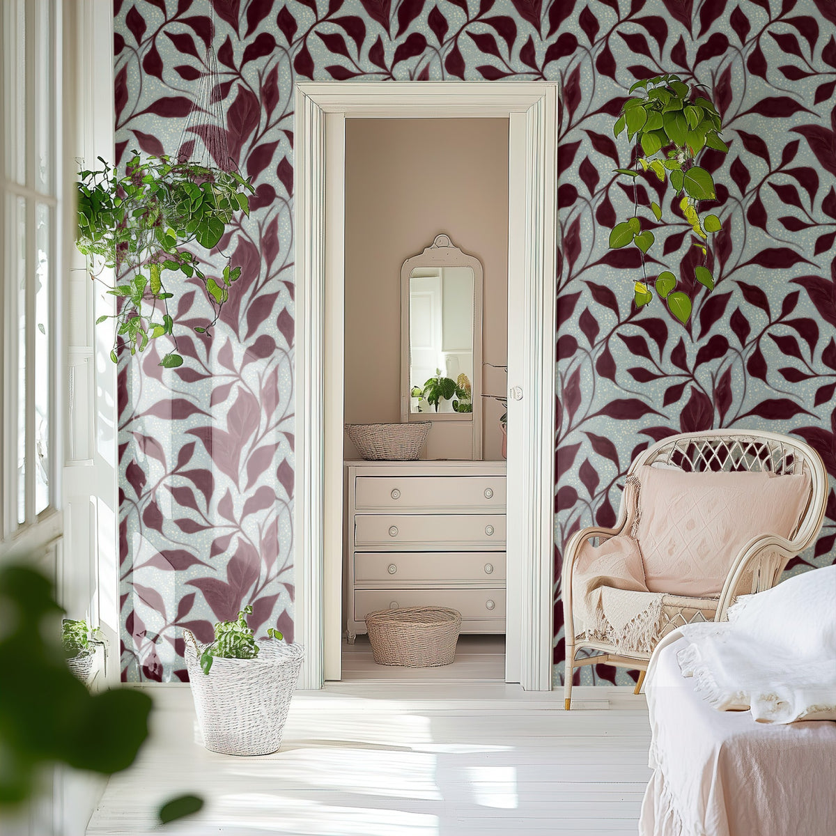 Burgundy Vine large scale wallpaper in a styled room