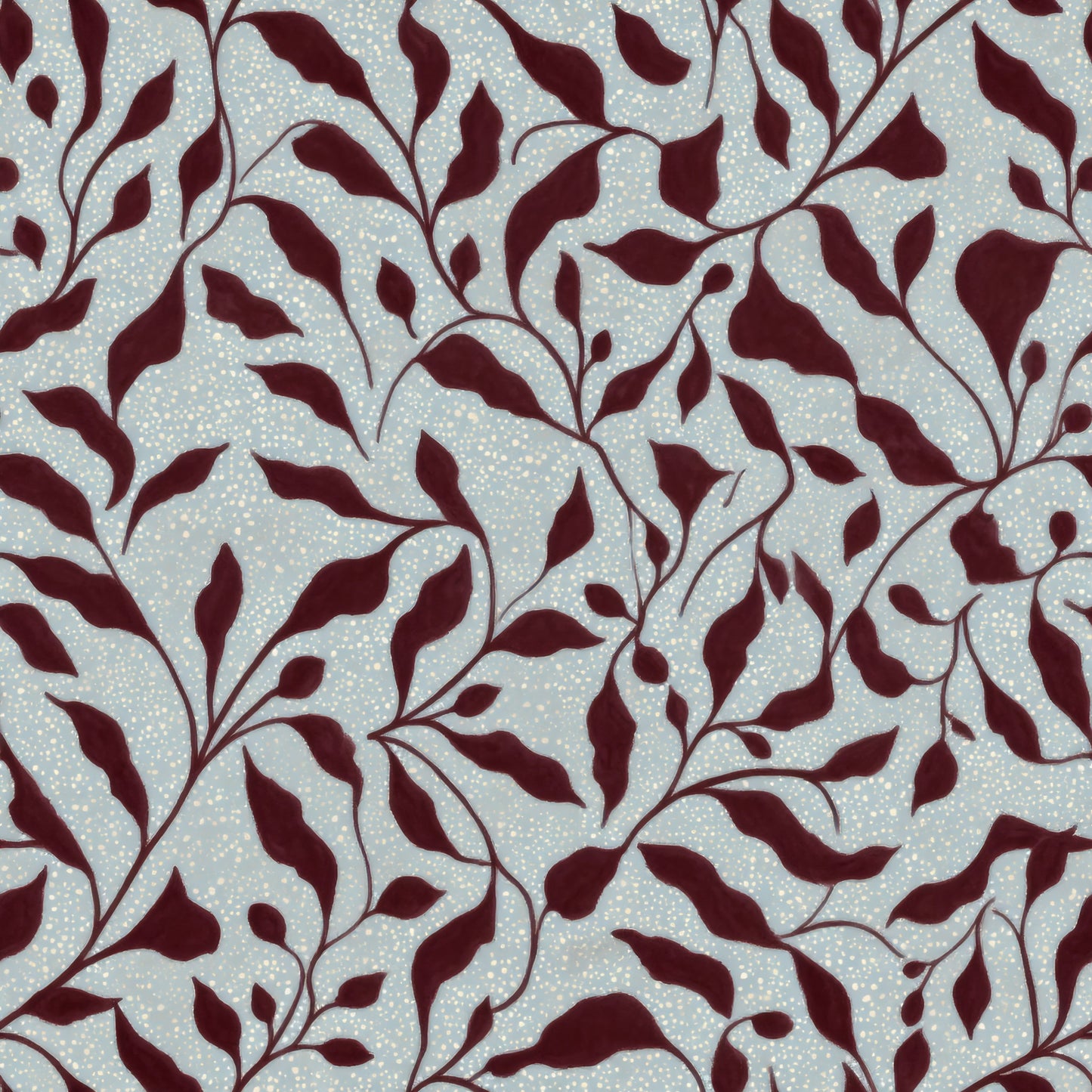 Burgundy painted leaves trailing on vines over a speckled pale blue ground.