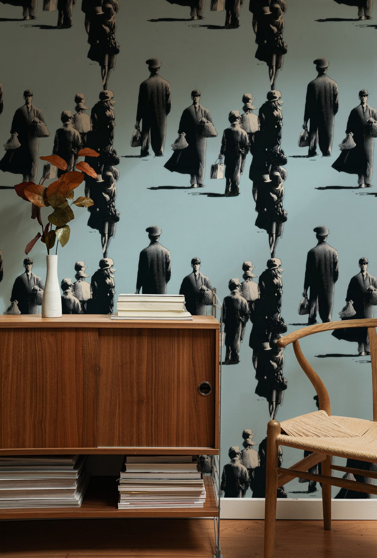 Busy Sidewalk large scale wallpaper in a styled room